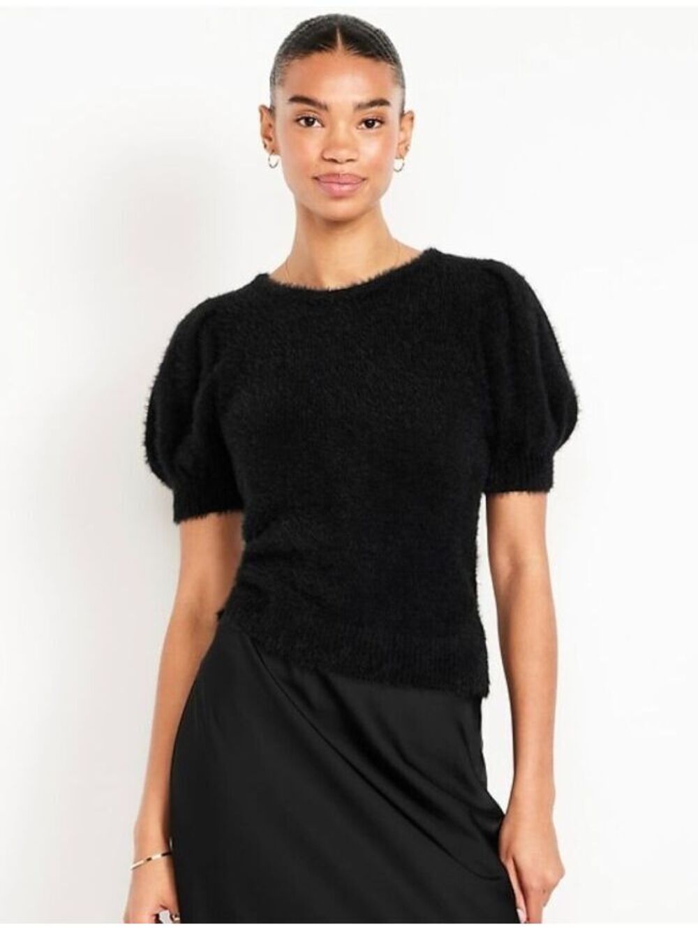 Old Navy Cropped Puff-Sleeve Eyelash Sweater black NWT